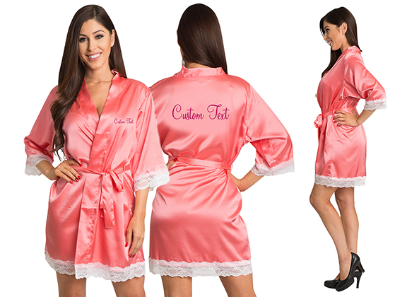 Personalized Embroidered Front and Back Satin Lace Kimono Robe