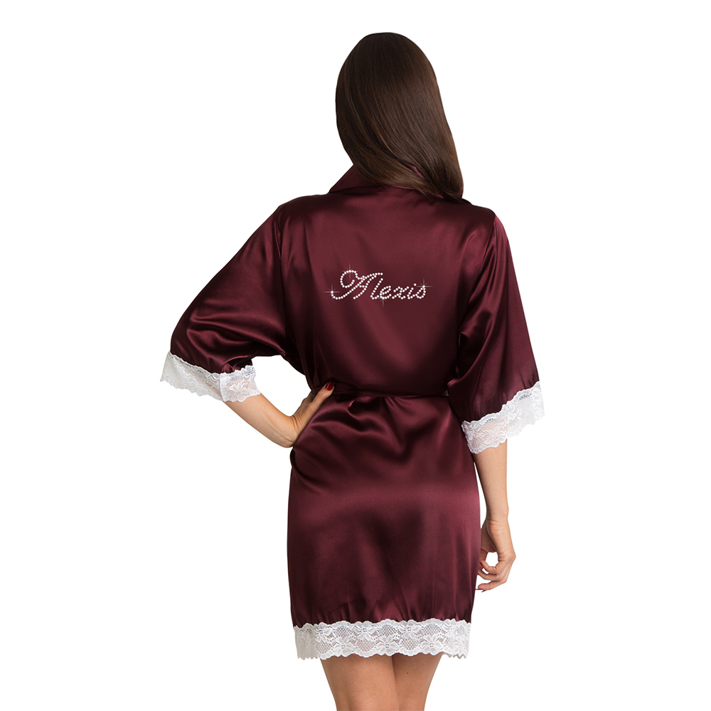 Zynotti Personalized Rhinestone Satin Lace Robe