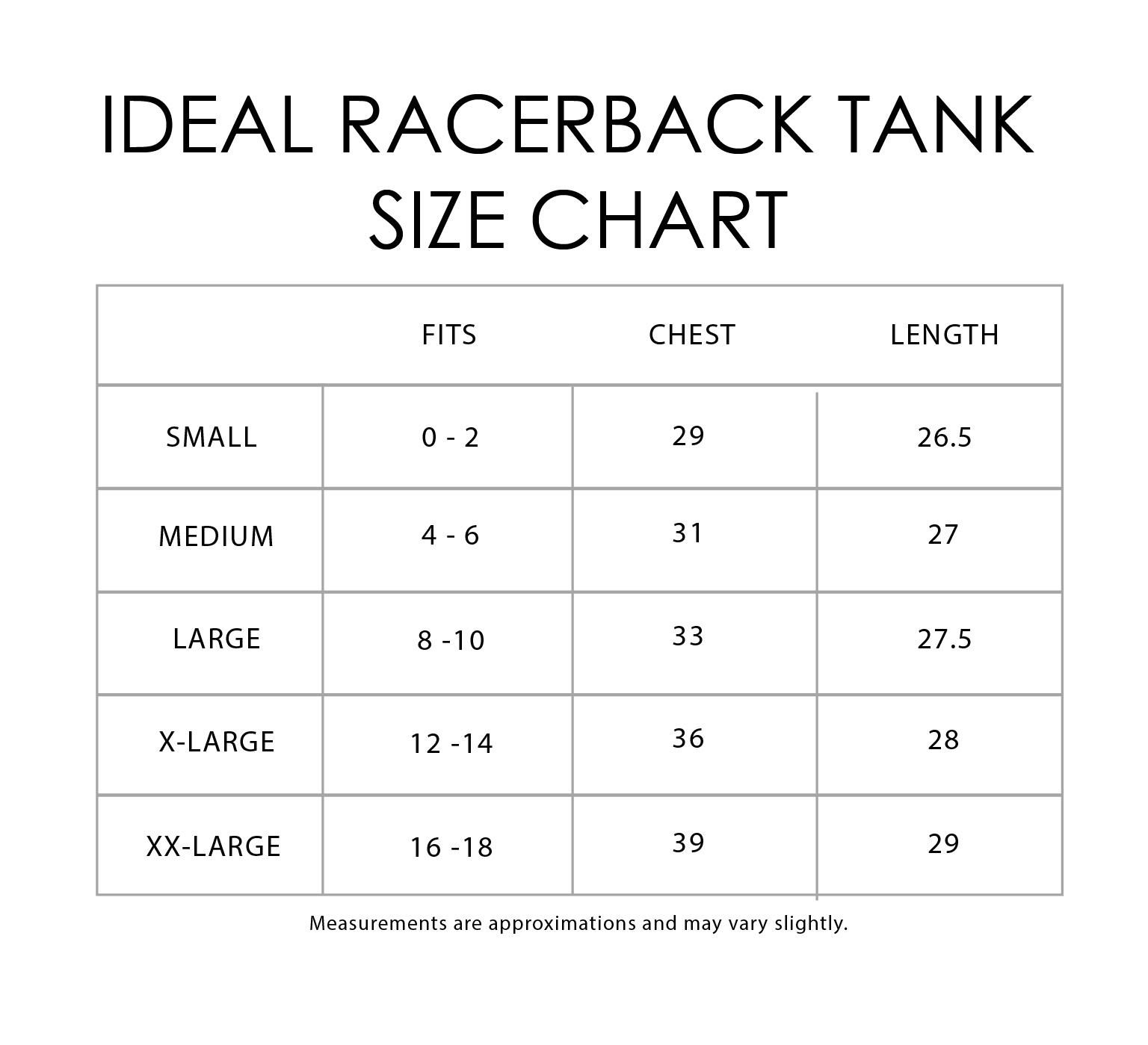 Ideal Racerback Tank Size Chart