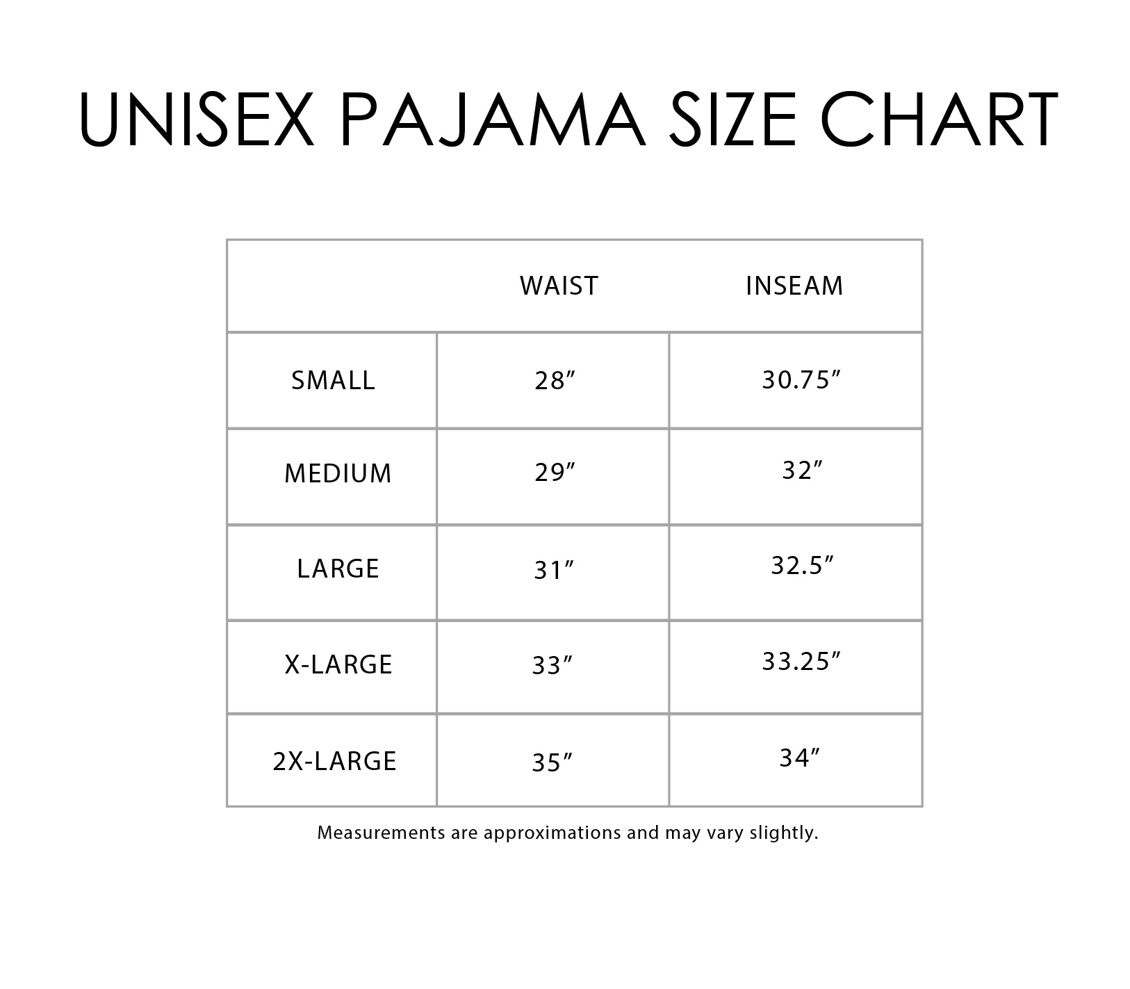 MRS Pant Size Chart